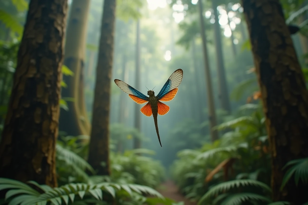 Lézard volant Draco volans en plein vol plané entre les arbres d'une forêt tropicale asiatique