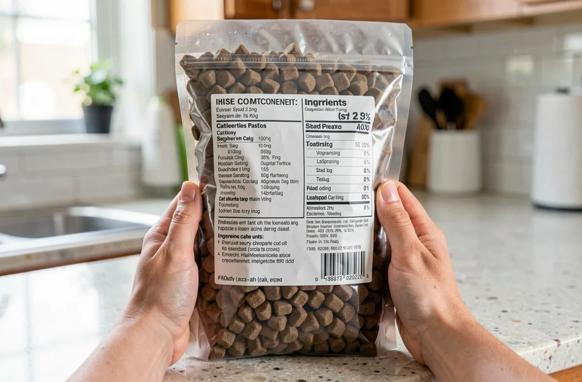 Mains qui retournent un sac de croquettes pour lire la composition