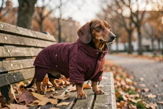 Teckel portant un manteau matelassé bordeaux bien ajusté sur un banc de parc en automne