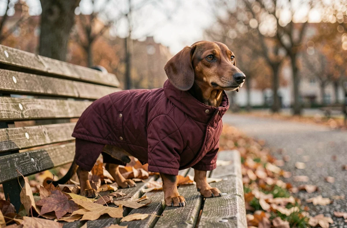 Teckel portant un manteau matelassé bordeaux bien ajusté sur un banc de parc en automne