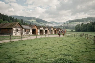 Vue panoramique d'un centre équestre typique du Grand Est avec des écuries en bois, des paddocks verdoyants et des cavaliers en promenade