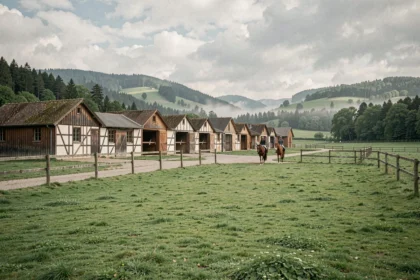 Vue panoramique d'un centre équestre typique du Grand Est avec des écuries en bois, des paddocks verdoyants et des cavaliers en promenade