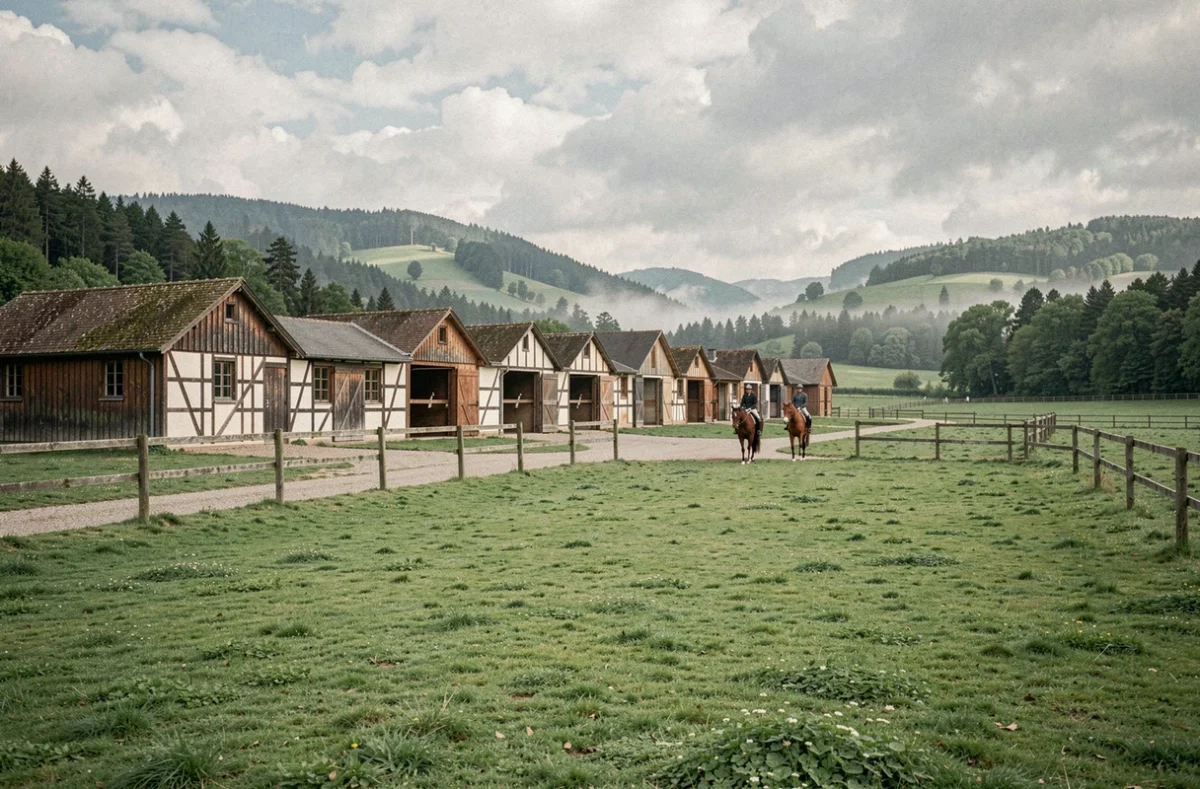 Vue panoramique d'un centre équestre typique du Grand Est avec des écuries en bois, des paddocks verdoyants et des cavaliers en promenade