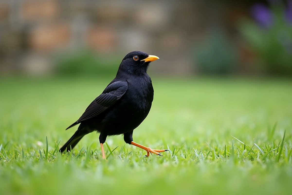 Merle noir mâle sur une pelouse couverte de rosée dans un jardin résidentiel, photographié en angle bas