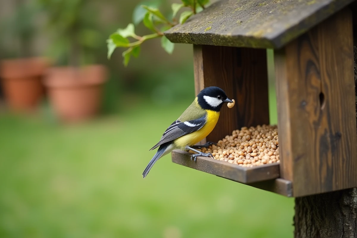Mésange charbonnière se nourrissant à une mangeoire en bois suspendue dans un jardin, plumage jaune et noir net