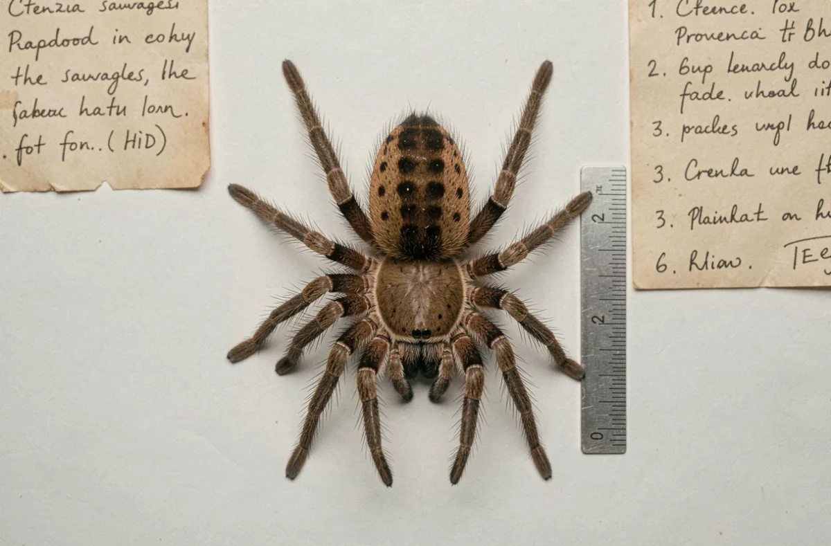 Vue dorsale d'une mygale de Provence sur fond blanc pour identification scientifique avec règle de mesure