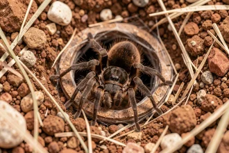 Mygale de Provence photographiée en gros plan à l'entrée de son terrier dans un sol argileux méditerranéen