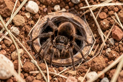 Mygale de Provence photographiée en gros plan à l'entrée de son terrier dans un sol argileux méditerranéen
