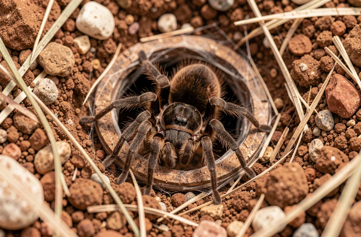 Mygale de Provence photographiée en gros plan à l'entrée de son terrier dans un sol argileux méditerranéen