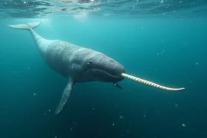 Narval nageant sous la surface de l'océan arctique avec sa longue corne spiralée, illustration animale pour enfants lettre N