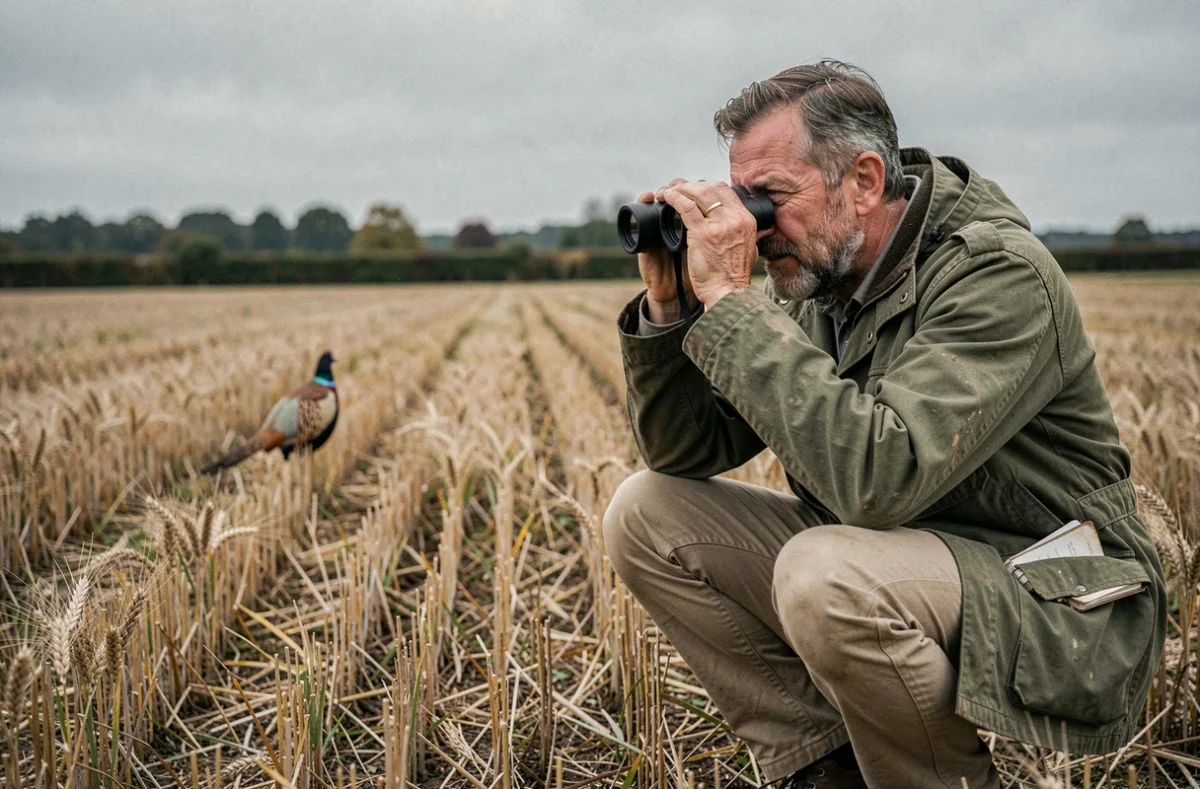 Naturaliste observant un faisan obscur aux jumelles dans un champ de chaume en automne
