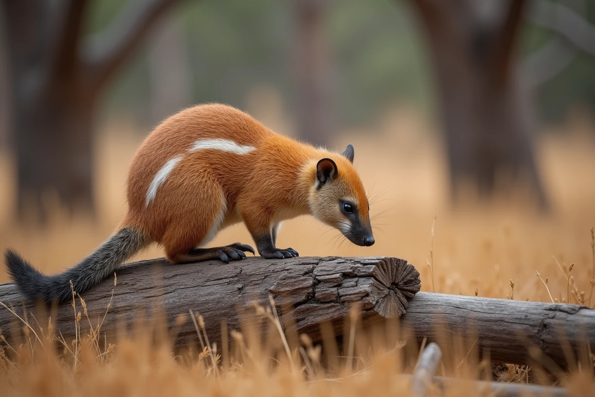 Numbat roux et rayé posé sur un tronc d'eucalyptus dans la forêt australienne, animal rare commençant par la lettre N pour enfants