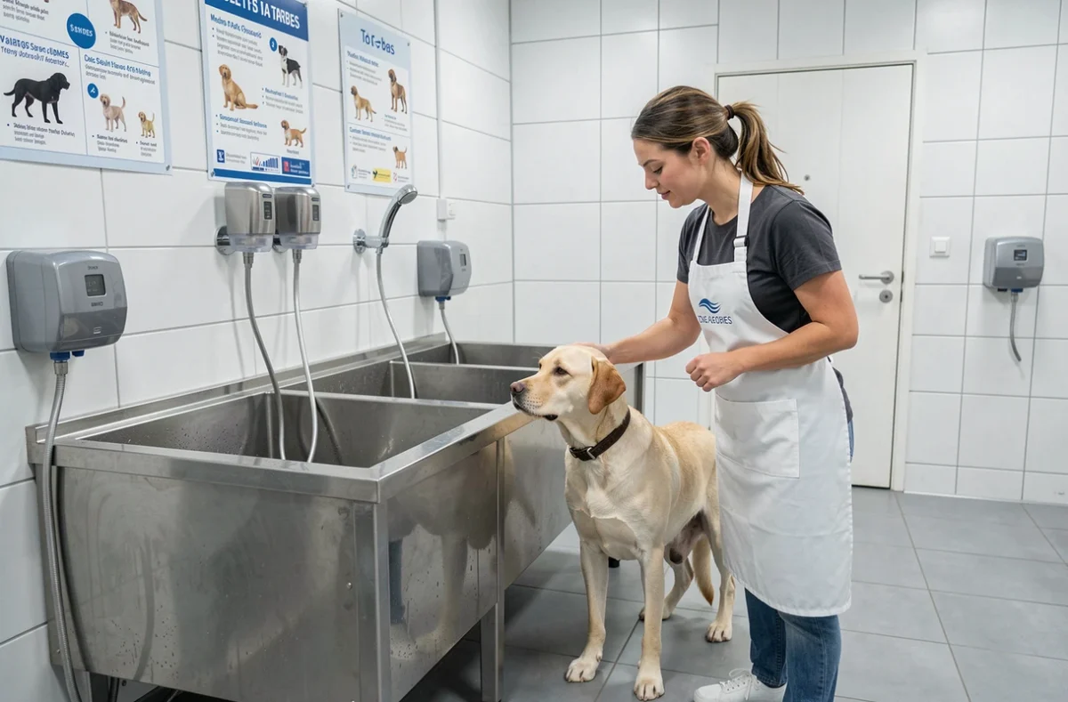 Attendante du Ô Wash Dog Spa à Tarbes accompagnant un labrador doré dans une station de lavage canin moderne