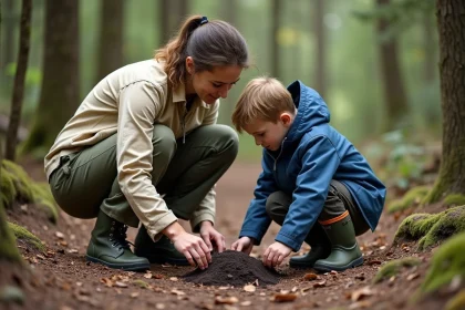 Éducatrice nature et enfant observant des crottes de sanglier dans une forêt tempérée
