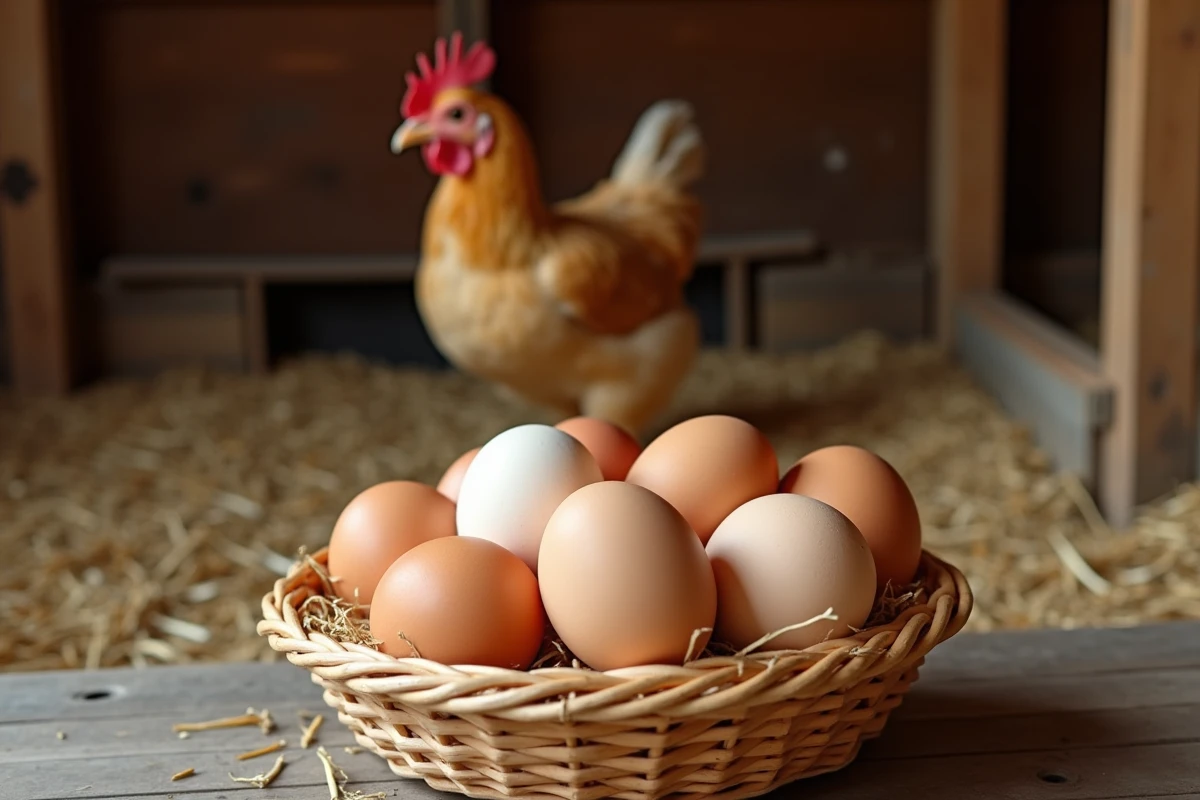 Panier d'œufs frais récoltés avec une poule Plymouth Rock en arrière-plan dans un poulailler en bois, illustrant la production de la race