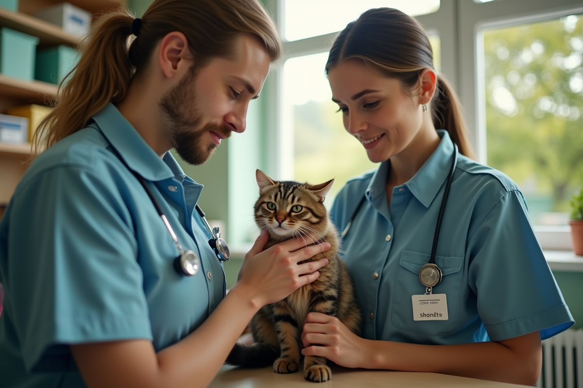 Officiers de la spa examinent un chat dans le refuge