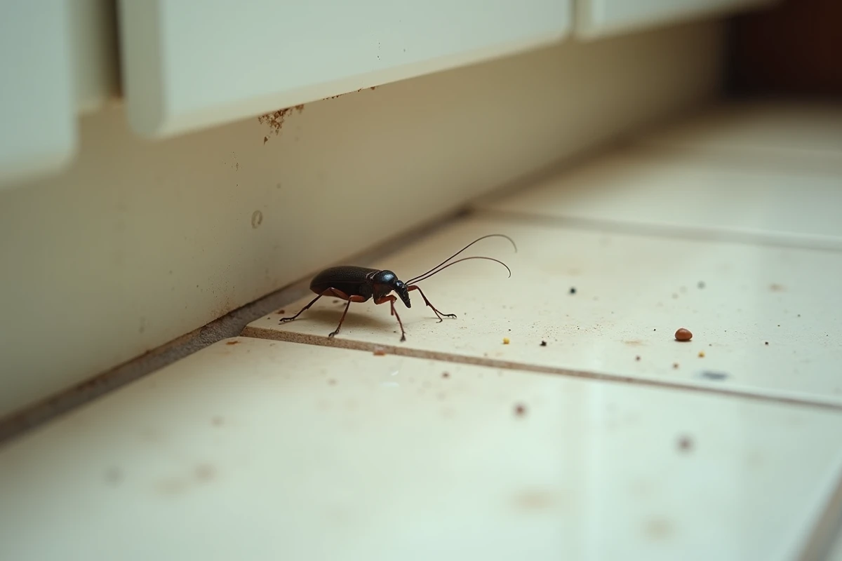 Ophone insecte repéré dans une cuisine domestique près d'une plinthe, illustrant comment identifier sa présence dans un logement