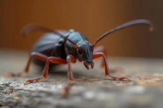 Gros plan macro d'un ophone insecte sur bois, montrant ses pattes, antennes et texture corporelle pour identification précise