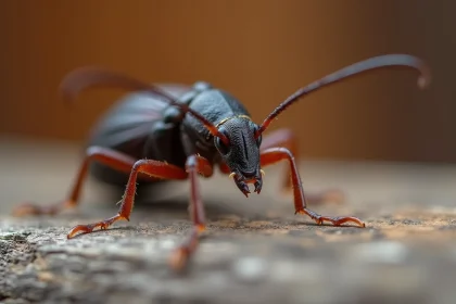 Gros plan macro d'un ophone insecte sur bois, montrant ses pattes, antennes et texture corporelle pour identification précise