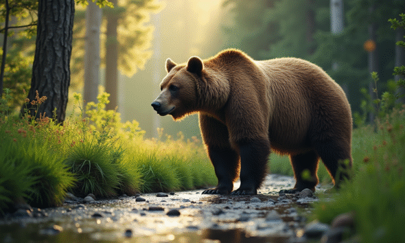 Ours grizzly dans une forêt verte au matin