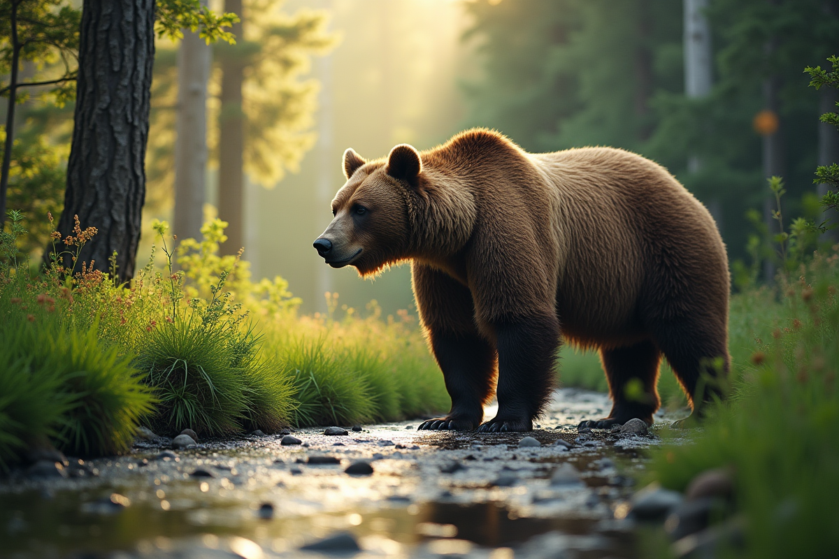 Ours grizzly dans une forêt verte au matin