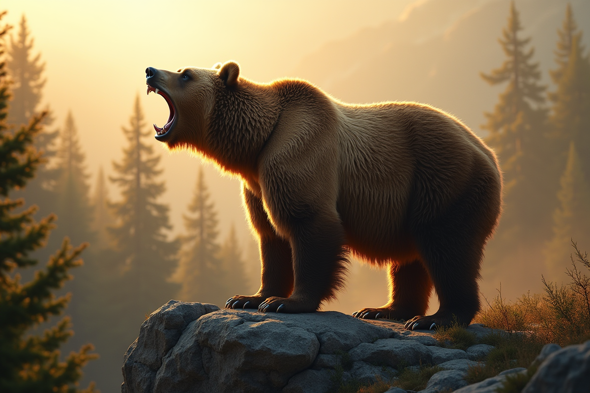 Ours grizzly rugissant sur un rocher en forêt