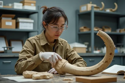 Paléontologue examinant un fragment de défense de mammouth fossilisé dans un laboratoire universitaire