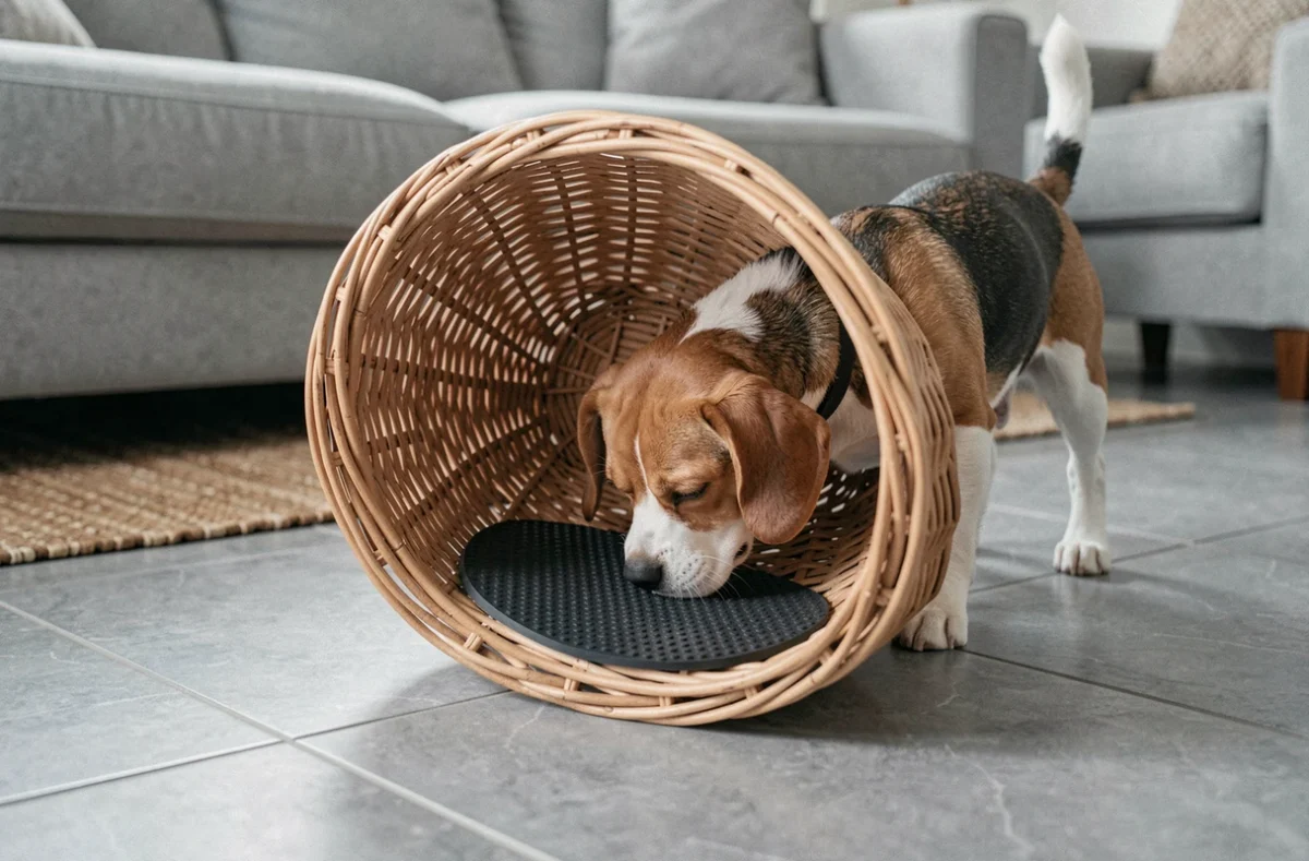 Petit chien beagle inspectant le dessous antidérapant d'un panier posé sur carrelage gris en salon