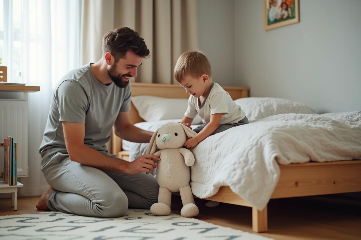 Père montre à son enfant comment utiliser le jouet bunny