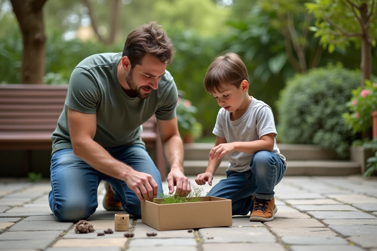 Père et fils découvrent un kit de fourmilière en extérieur