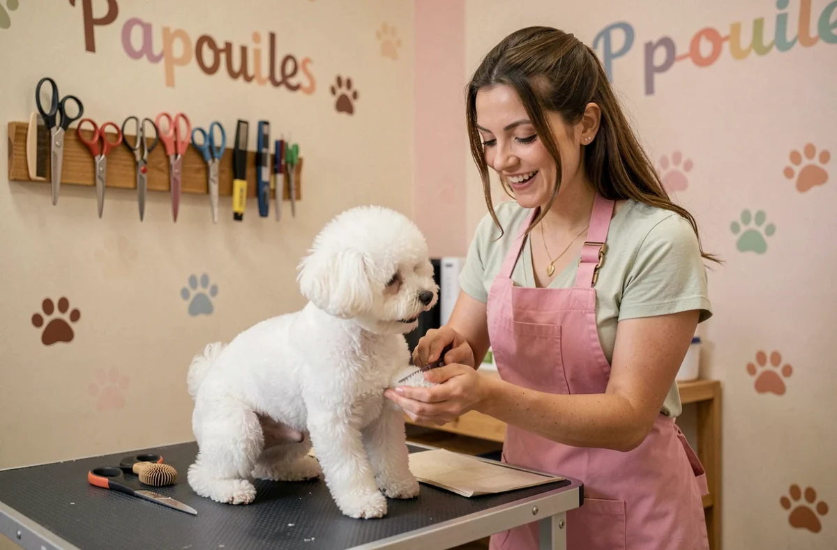 Toiletteuse du salon Papouilles Toilettage à Toulouse taillant les pattes d'un bichon frisé blanc