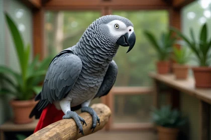Perroquet gris du Gabon adulte perché sur une branche naturelle, mettant en valeur les nuances de gris bleuté de son plumage et sa queue rouge vif