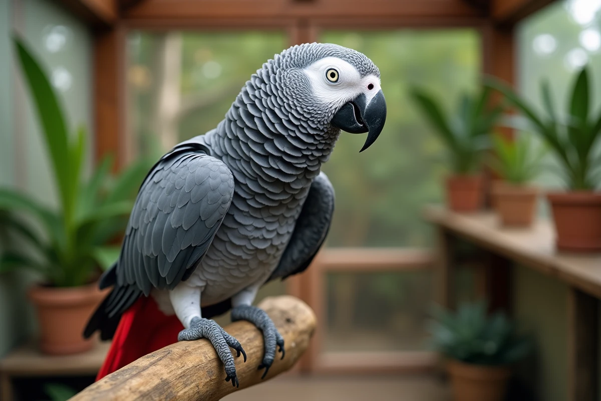 Perroquet gris du Gabon adulte perché sur une branche naturelle, mettant en valeur les nuances de gris bleuté de son plumage et sa queue rouge vif