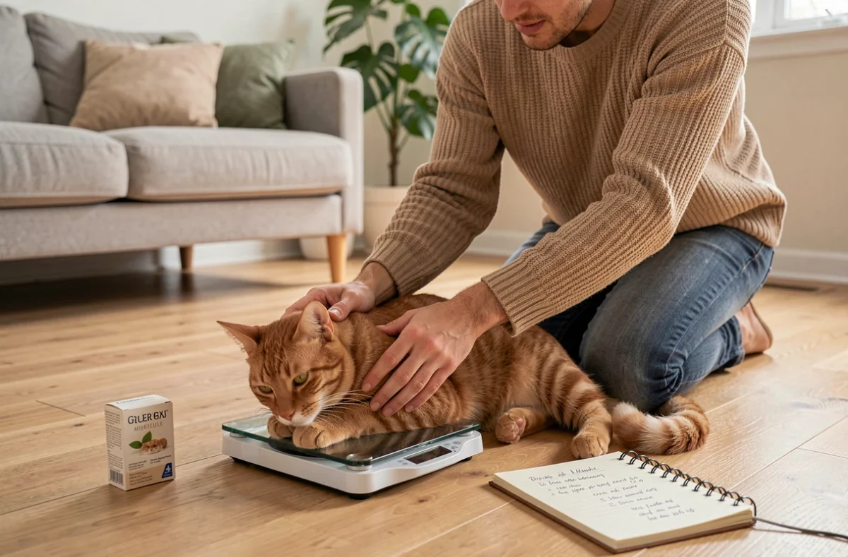 Propriétaire pesant son chat à domicile pour déterminer le bon dosage de traitement antiparasitaire selon le poids