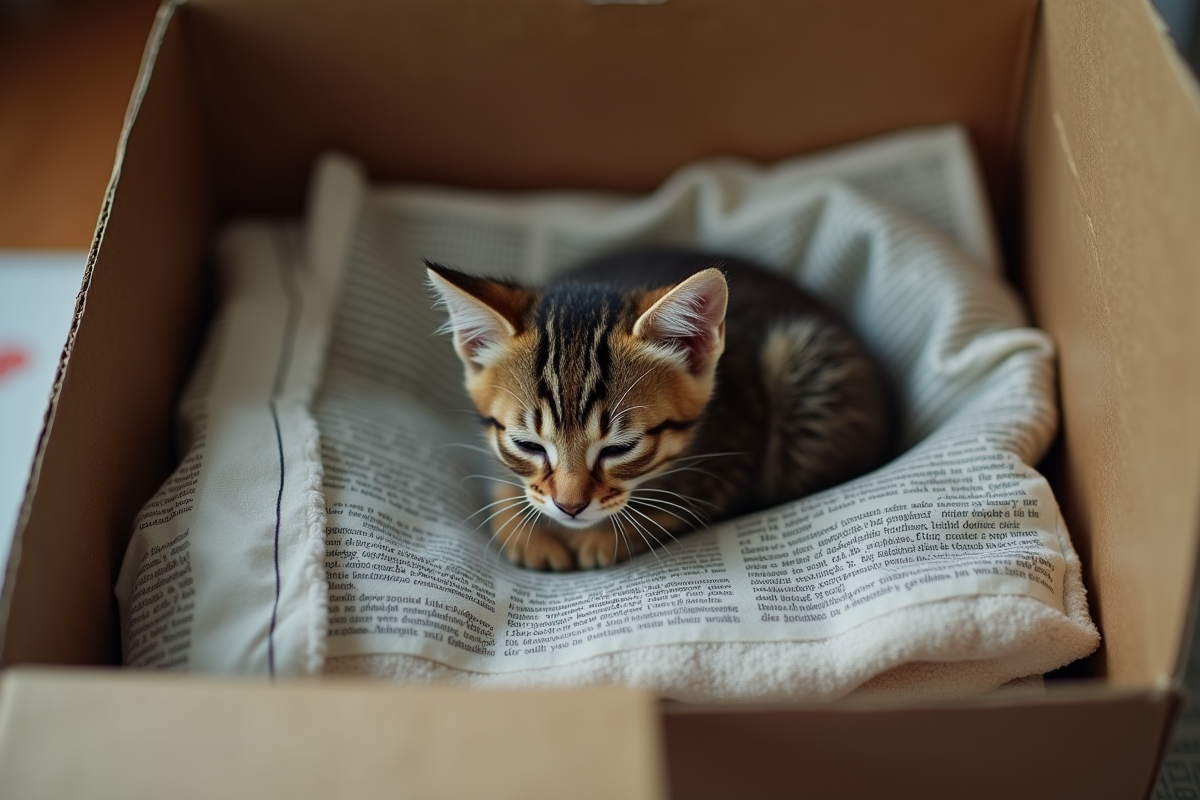 Jeune chaton tigré dans une boîte en carton avec serviette