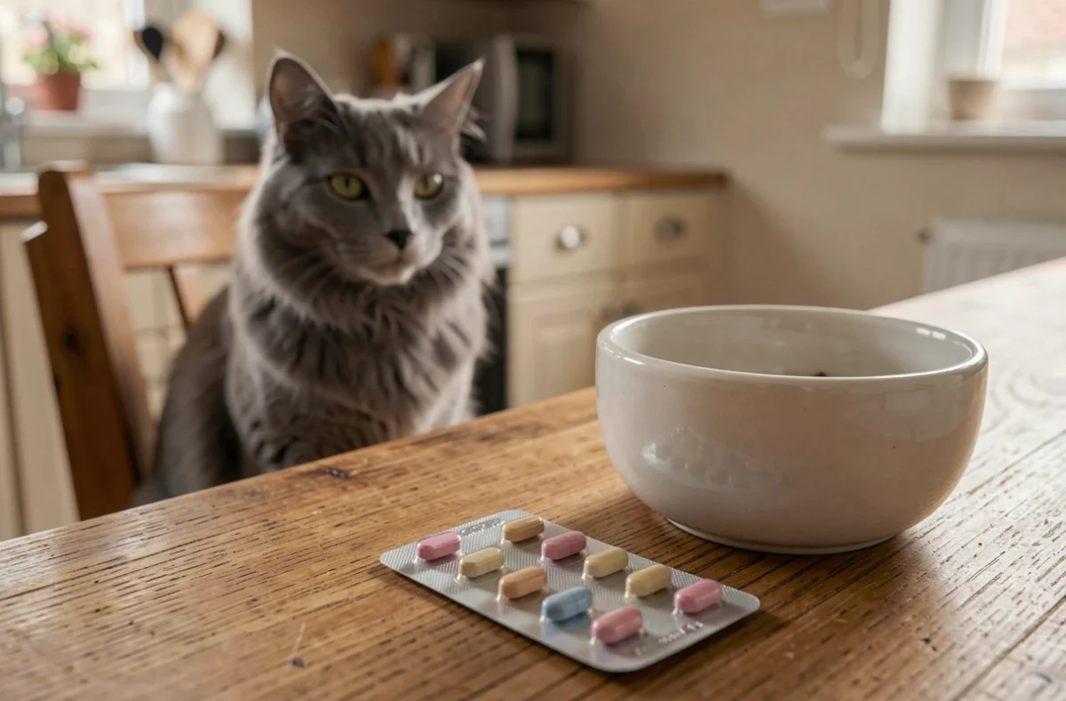 Plaquette de pilules contraceptives vétérinaires posée sur une table de cuisine à côté d'une gamelle de chat