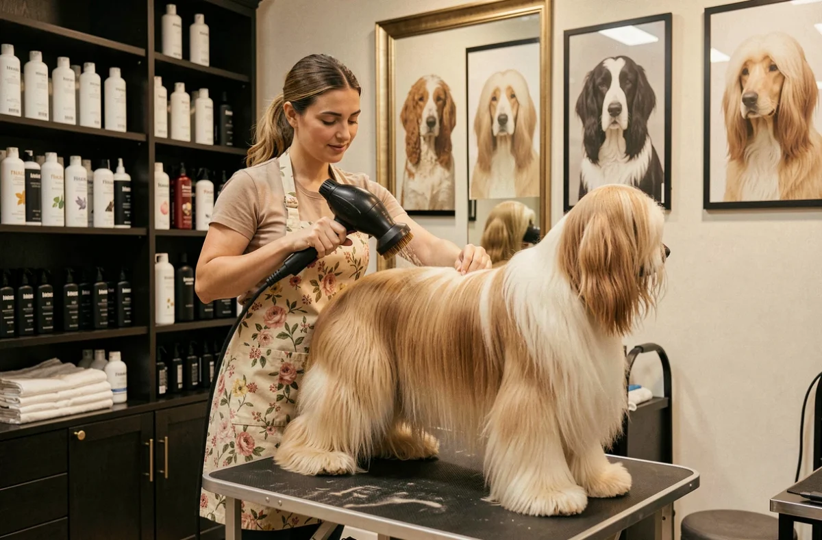 Toiletteuse du salon Plutto Chic à Toulouse séchant le pelage long et soyeux d'un lévrier afghan