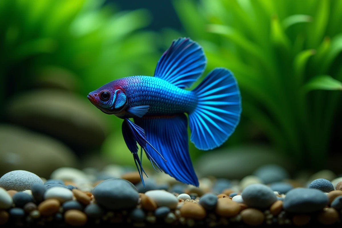 Poisson combattant néon bleu aux nageoires déployées dans un aquarium planté, animal aquatique en N pour une illustration éducative enfants