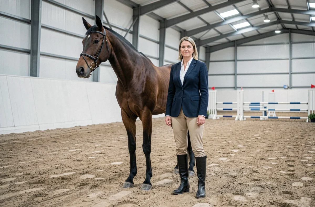 Instructrice et cheval bai dans l'arène couverte du Pôle Hippique de Saint-Lô