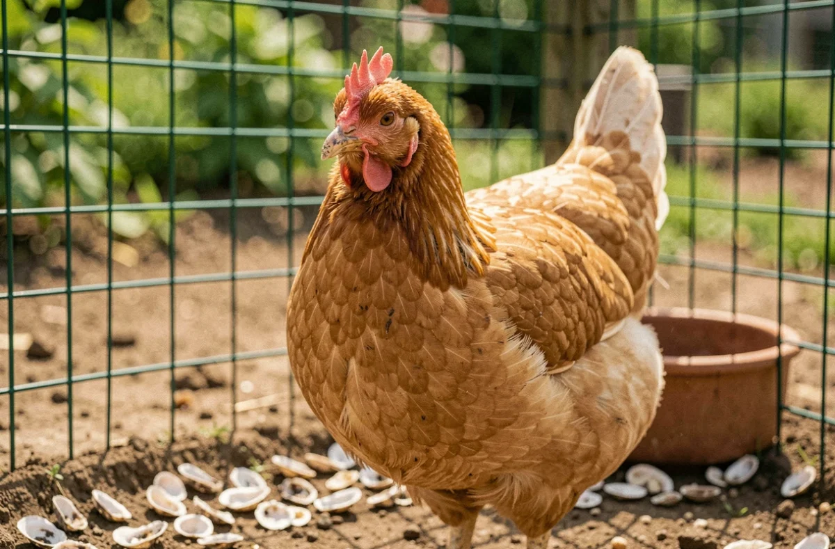 Portrait rapproché d'une poule pondeuse vieillissante avec crête pâlie et bec usé dans un enclos de jardin avec abreuvoir en céramique