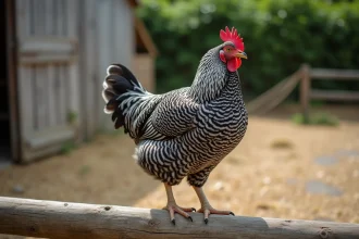 Poule Plymouth Rock barrée perchée sur une clôture en bois dans une ferme française, montrant le motif caractéristique noir et blanc de la race