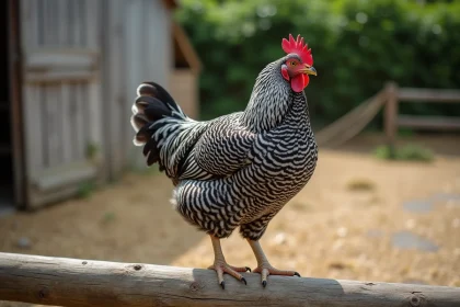 Poule Plymouth Rock barrée perchée sur une clôture en bois dans une ferme française, montrant le motif caractéristique noir et blanc de la race