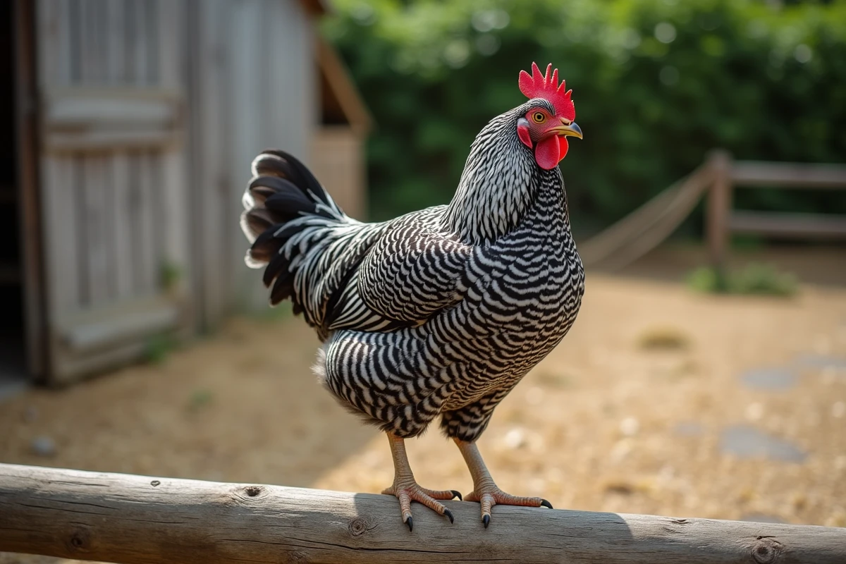 Poule Plymouth Rock barrée perchée sur une clôture en bois dans une ferme française, montrant le motif caractéristique noir et blanc de la race