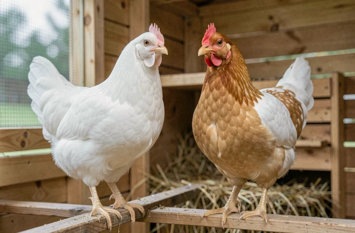 Poules pondeuses de races légères Leghorn et Fayoumi perchées dans un poulailler en bois avec nids en paille