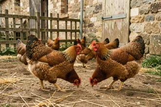 Poules pondeuses de races lourdes comme Brahma et Cochin en liberté dans une basse-cour rustique française aux murs en pierre