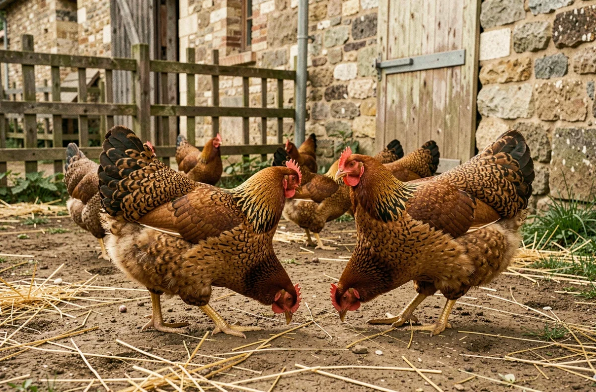 Poules pondeuses de races lourdes comme Brahma et Cochin en liberté dans une basse-cour rustique française aux murs en pierre