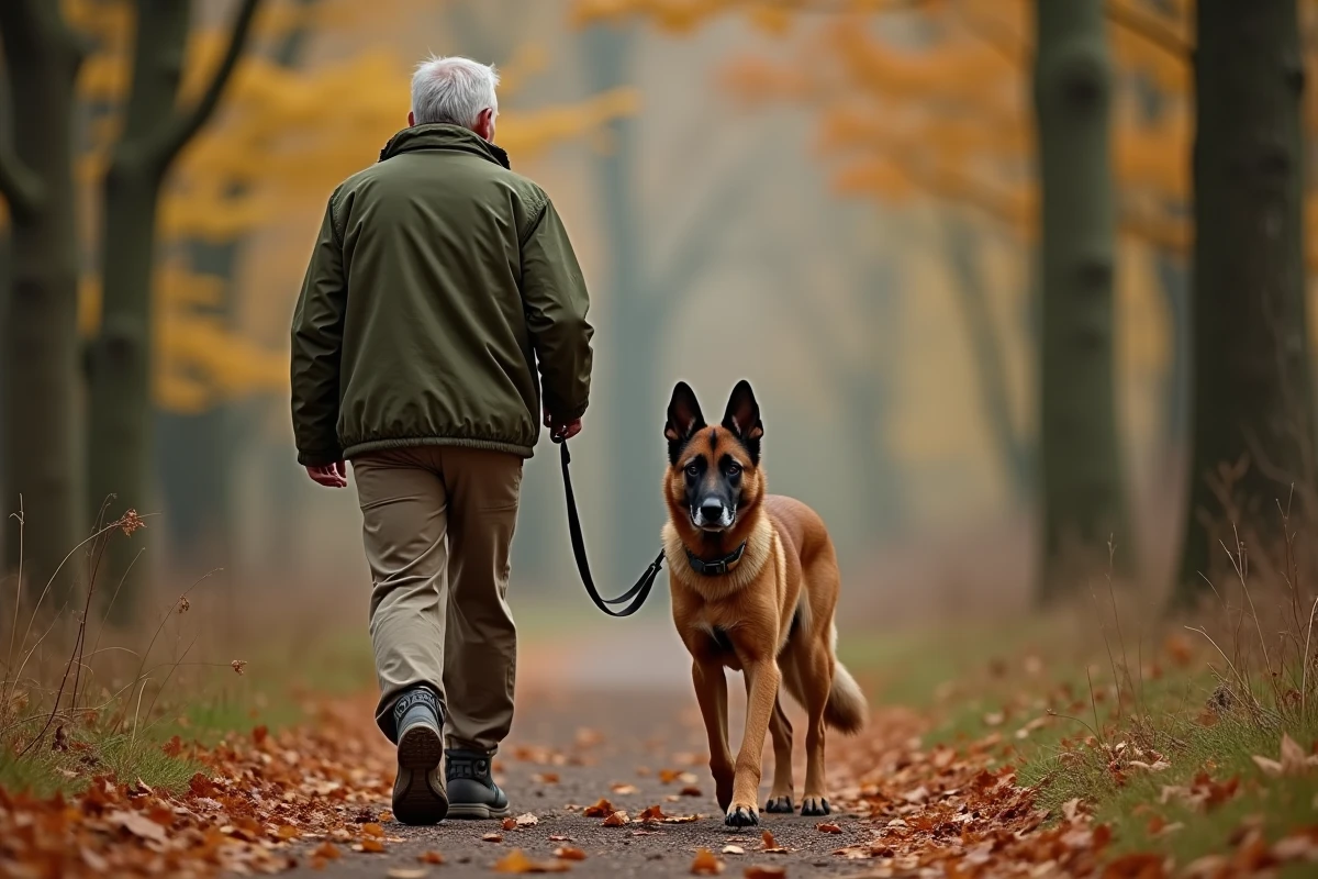 Propriétaire senior promenant son croisé Malinois Berger allemand âgé en forêt sur un sentier automnal