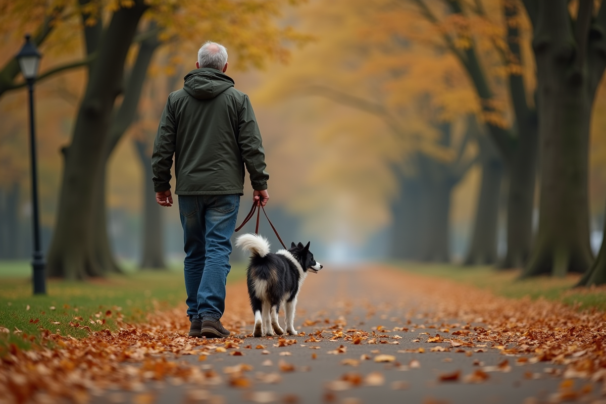 Homme marche avec chien border collie dans un parc automnal