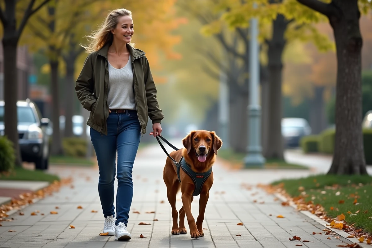 Femme d'âge moyen marchant avec un chien en harnais sur trottoir urbain