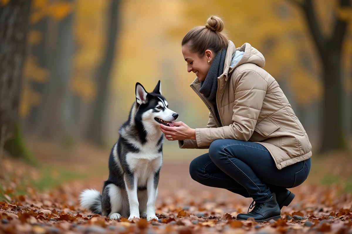 Femme d'âge moyen inspectant les pattes de son Akita Inu bringé bleu sur un sentier forestier en automne, illustrant les précautions du propriétaire